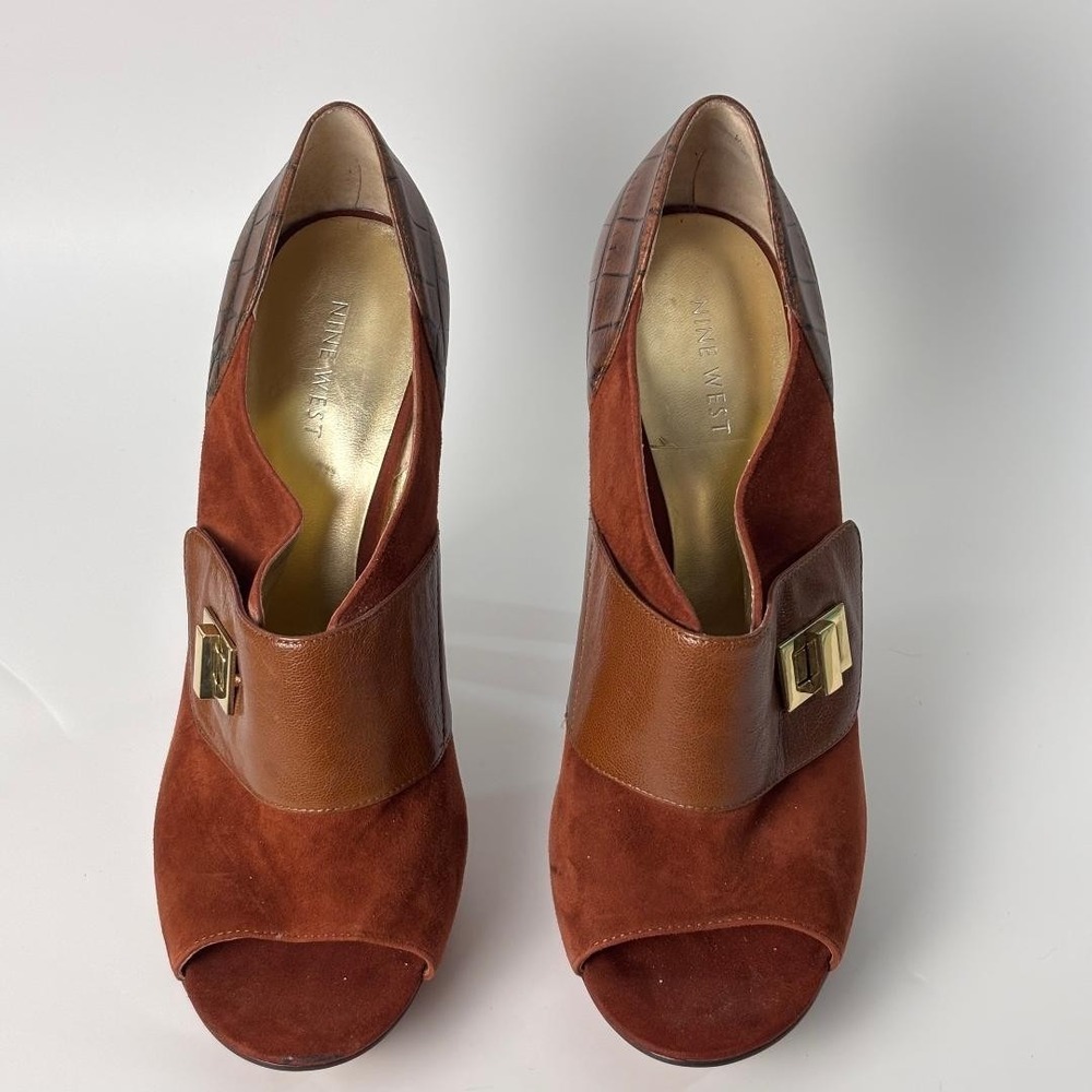 Nine West NW Justice Brown Suede Leather Peep Toe Pump Heels Women size 10M‎